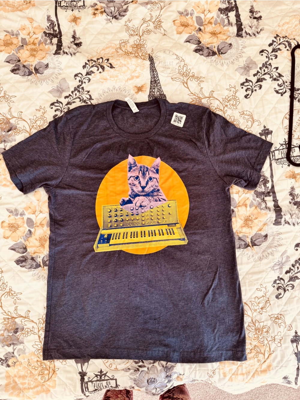 Bella Canvas Navy Tee with Yellow Circle & Blue Synth Cat